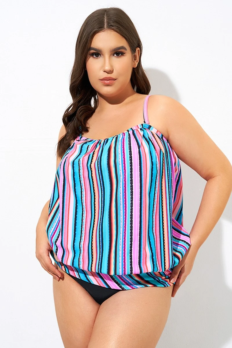Women Stripe Bandeau Blouson Tankini Top - Image 3