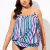 Women Stripe Bandeau Blouson Tankini Top