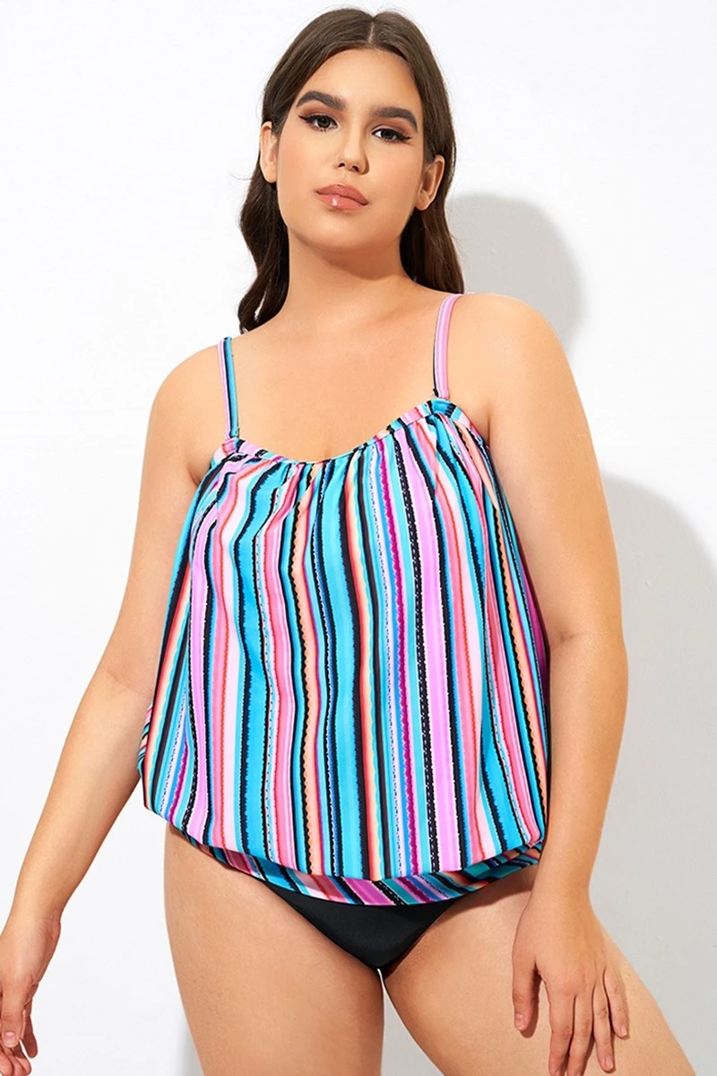 Women Stripe Bandeau Blouson Tankini Top - Image 5