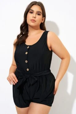Black Classy Button Romper One Piece Swimsuit