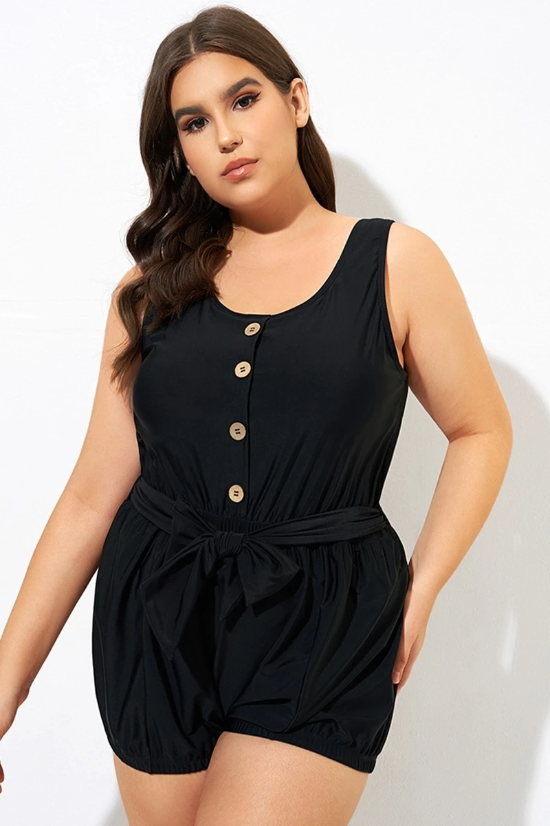 Black Classy Button Romper One Piece Swimsuit - Image 3